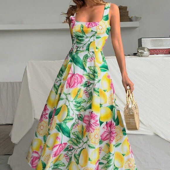 Boho Womens Floral & Fruit Print Backside Zipper Sleeveless Maxi Dress - Picture 4 of 6